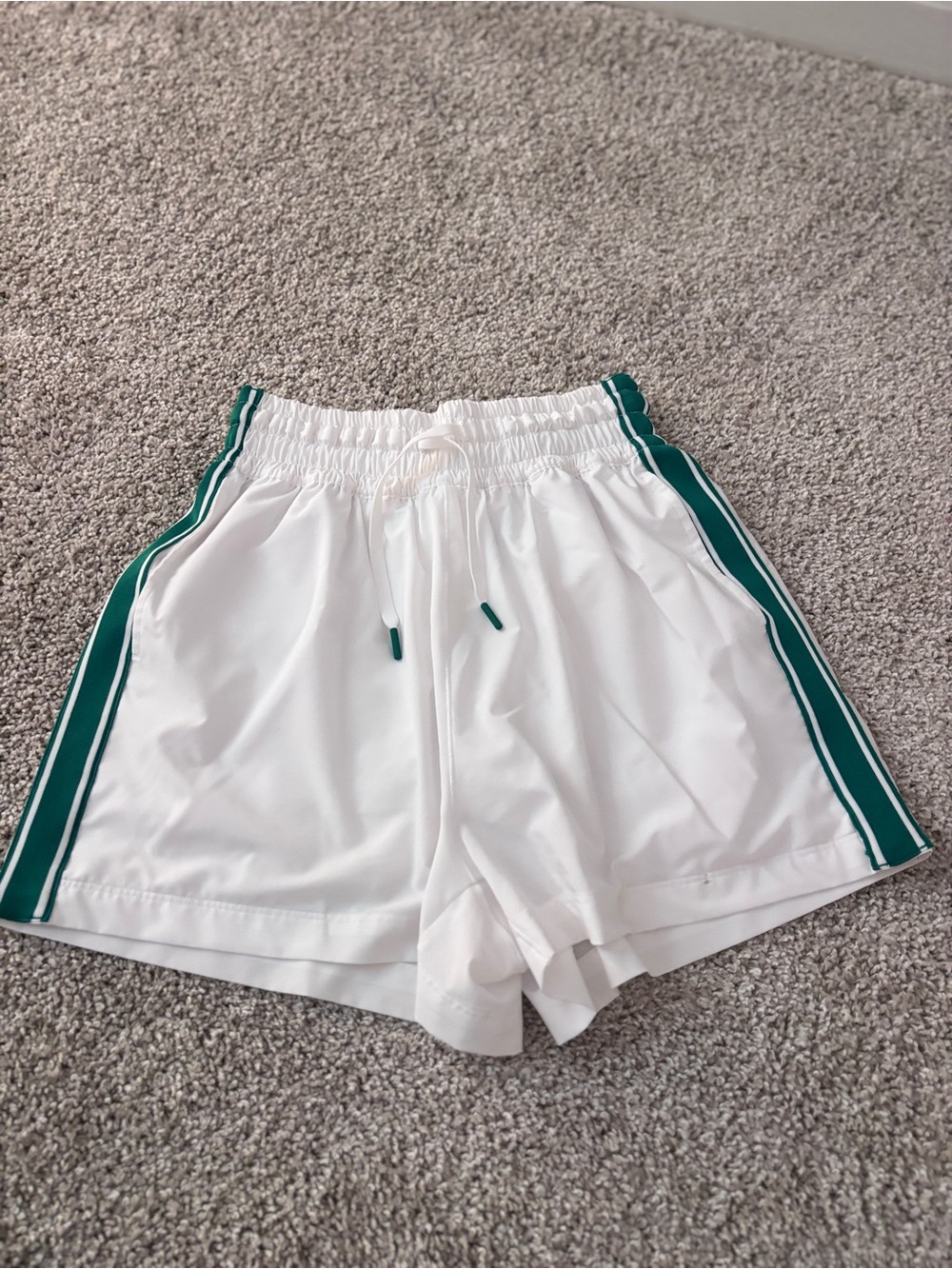 aerie White Athletic Shorts with Green Side Stripes